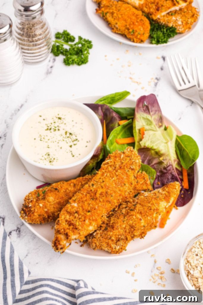 Crispy Golden Oat Air Fryer Chicken 2 Golden oatmeal crusted chicken on a white plate with salad