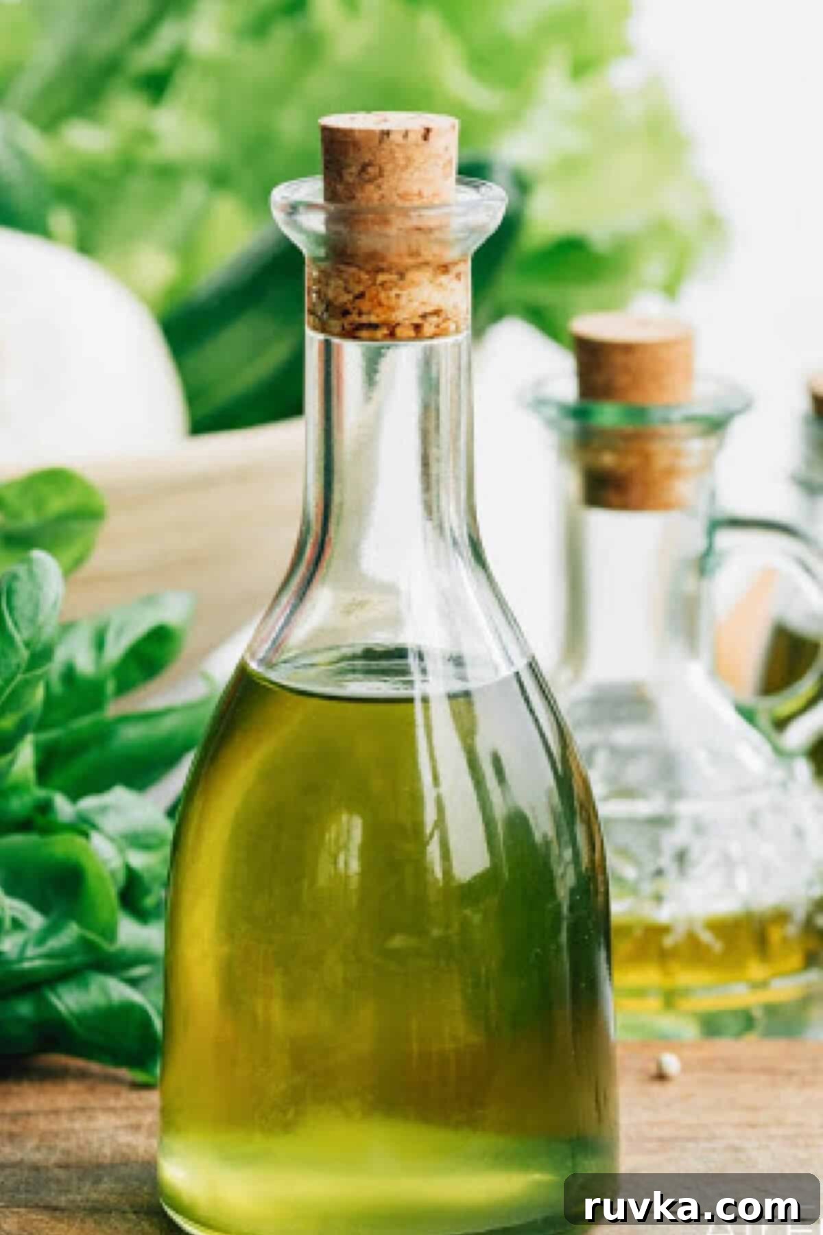 The Right Oils for Your Air Fryer 2 Photo of oil in a glass bottle with a cork on a table with produce and other oils.