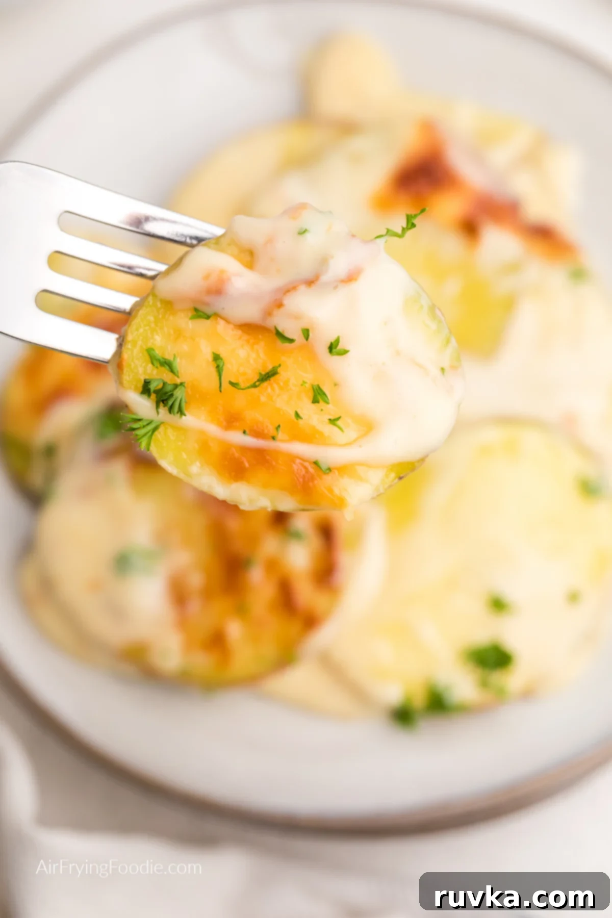 Easy Cheesy Air Fryer Scalloped Potatoes 12 A fork with a perfect bite of air fryer scalloped potatoes, showcasing the tender layers and melted cheese, garnished with fresh parsley.