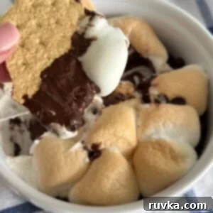 Air Frying Made Simple 10 S'mores dip made in the air fryer, with a graham cracker being dipped into the chocolate and marshmallow before eating.