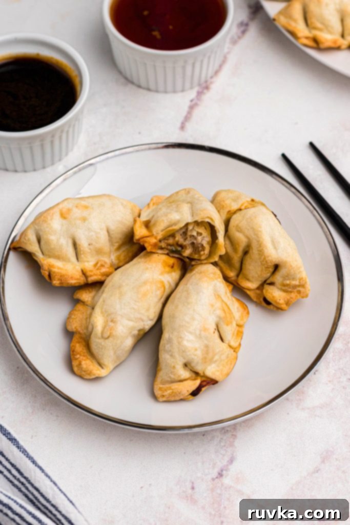 Crispy Air Fryer Frozen Potstickers 5 golden crispy chicken potstickers on a small white plate served with sauces.