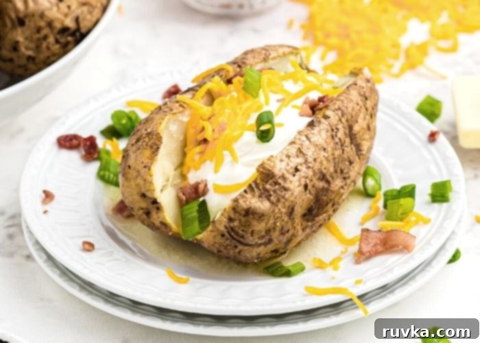 Crispy Air Fryer Loaded Potatoes 7 Baked potato sliced and filled with sour cream and crumbled bacon, cheddar cheese toppings. Served on a white plate.