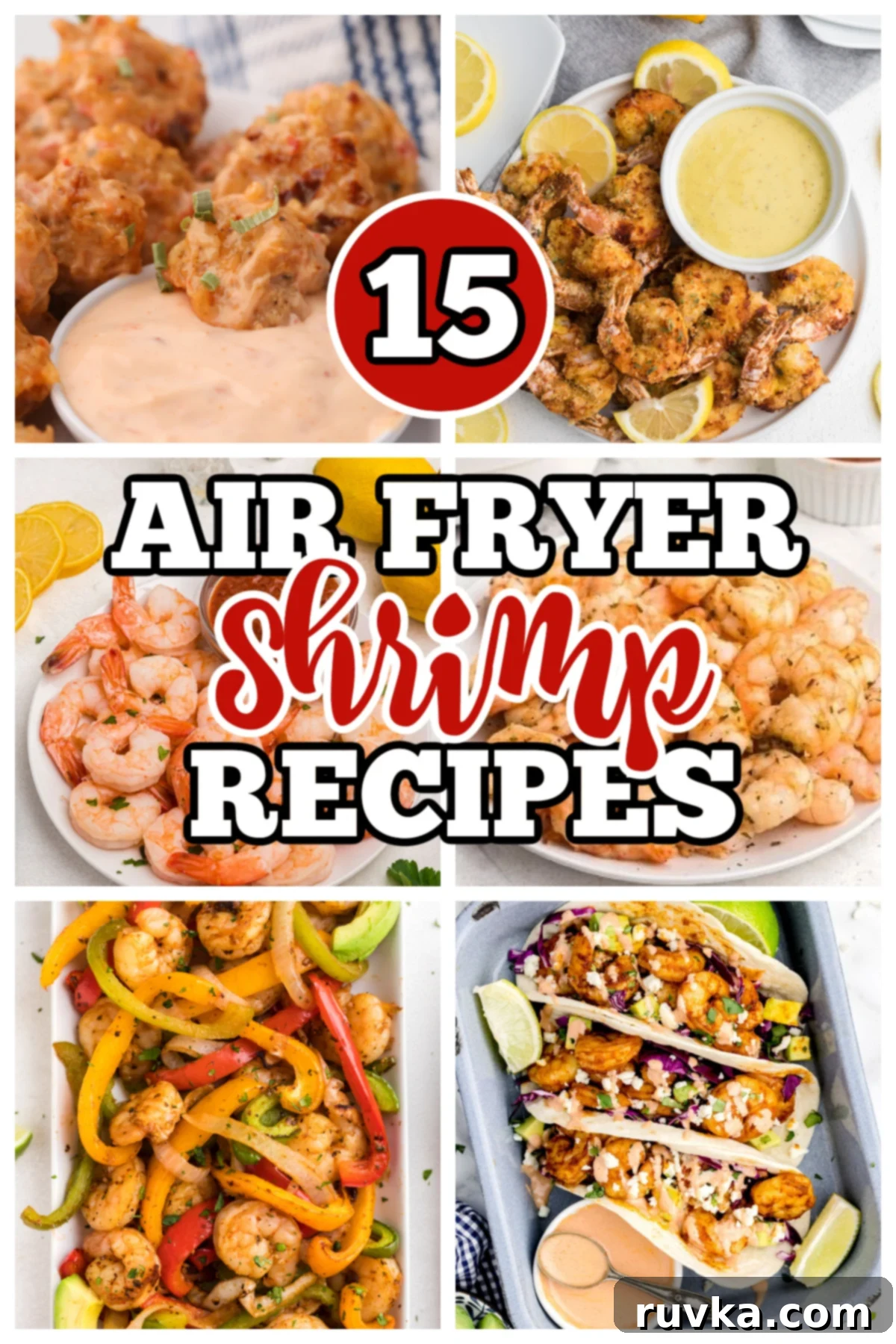 Easy Crispy Air Fryer Shrimp 2 Collage of photos of delicious and varied shrimp recipes cooked in the air fryer.