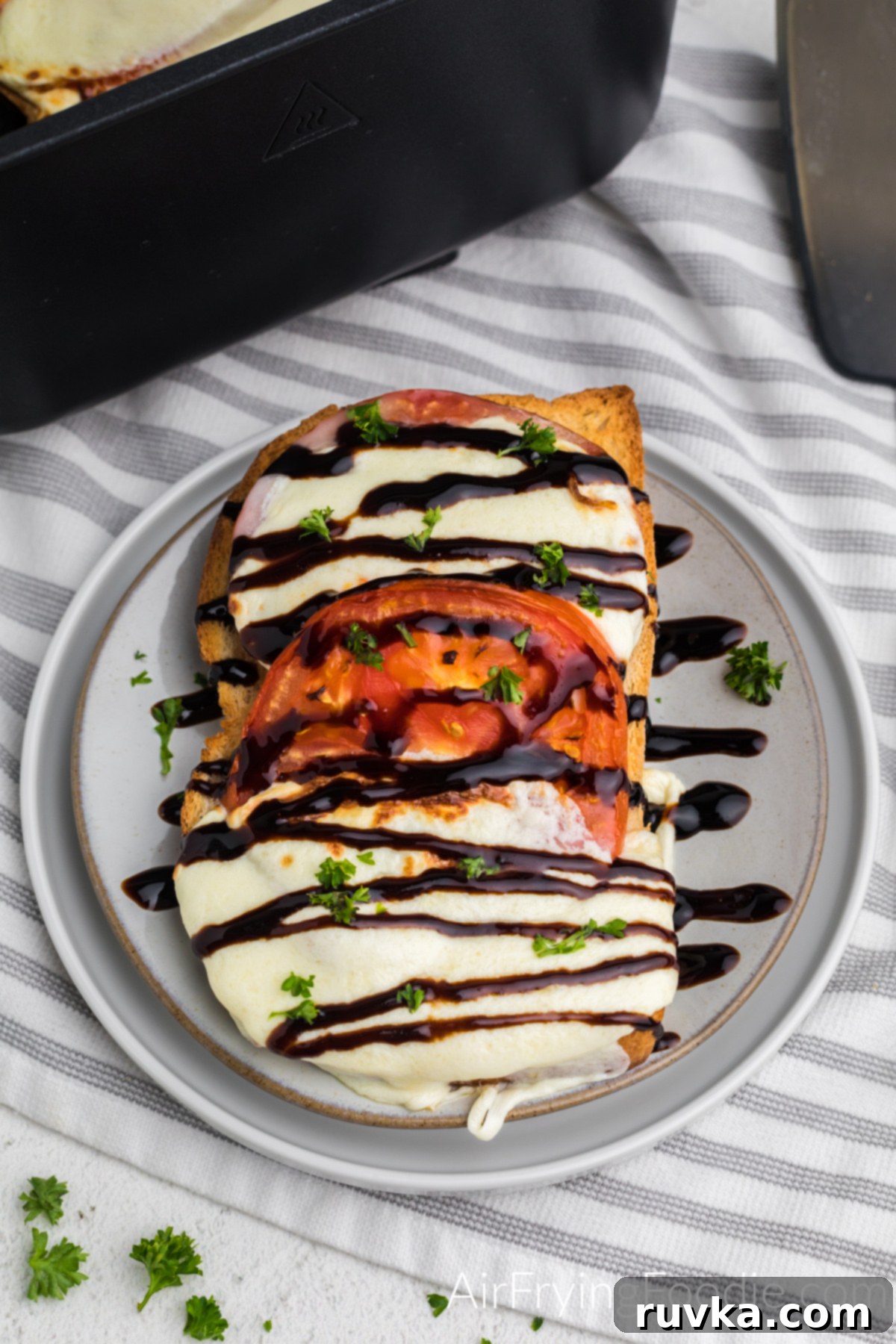 Air Fryer Caprese Melts 8 Close up photo of balsamic glazed Caprese grilled cheese.