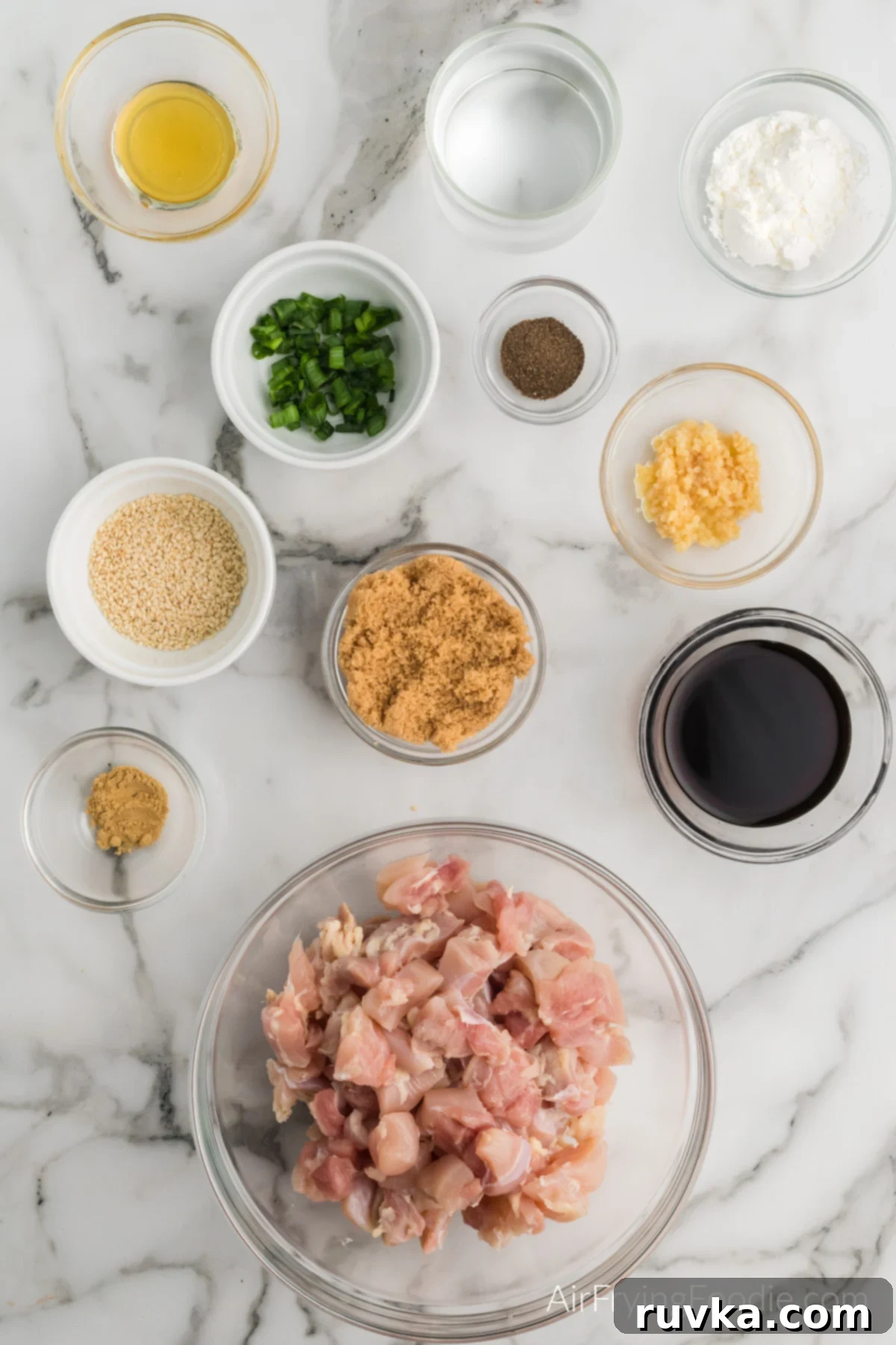 Sticky Sweet Air Fryer Teriyaki Chicken 3 Ingredients separated out that are used to make teriyaki chicken in the air fryer.