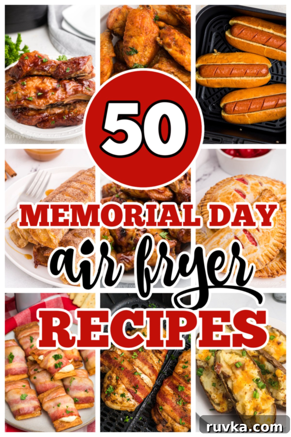 Air Fryer Favorites for Memorial Day 2 Collage of photos of air fryer recipes that are great for Memorial Day.