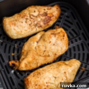 Air Fryer Favorites for Memorial Day 18 Overhead shot of grilled chicken breast in the basket of the air fryer.