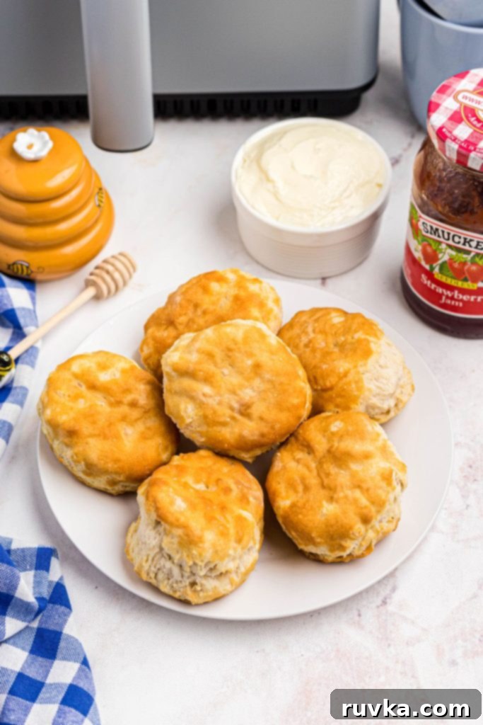 Easy Air Fryer Frozen Biscuits 2 golden fluffy biscuits on a small white plate in front of butter and jam.