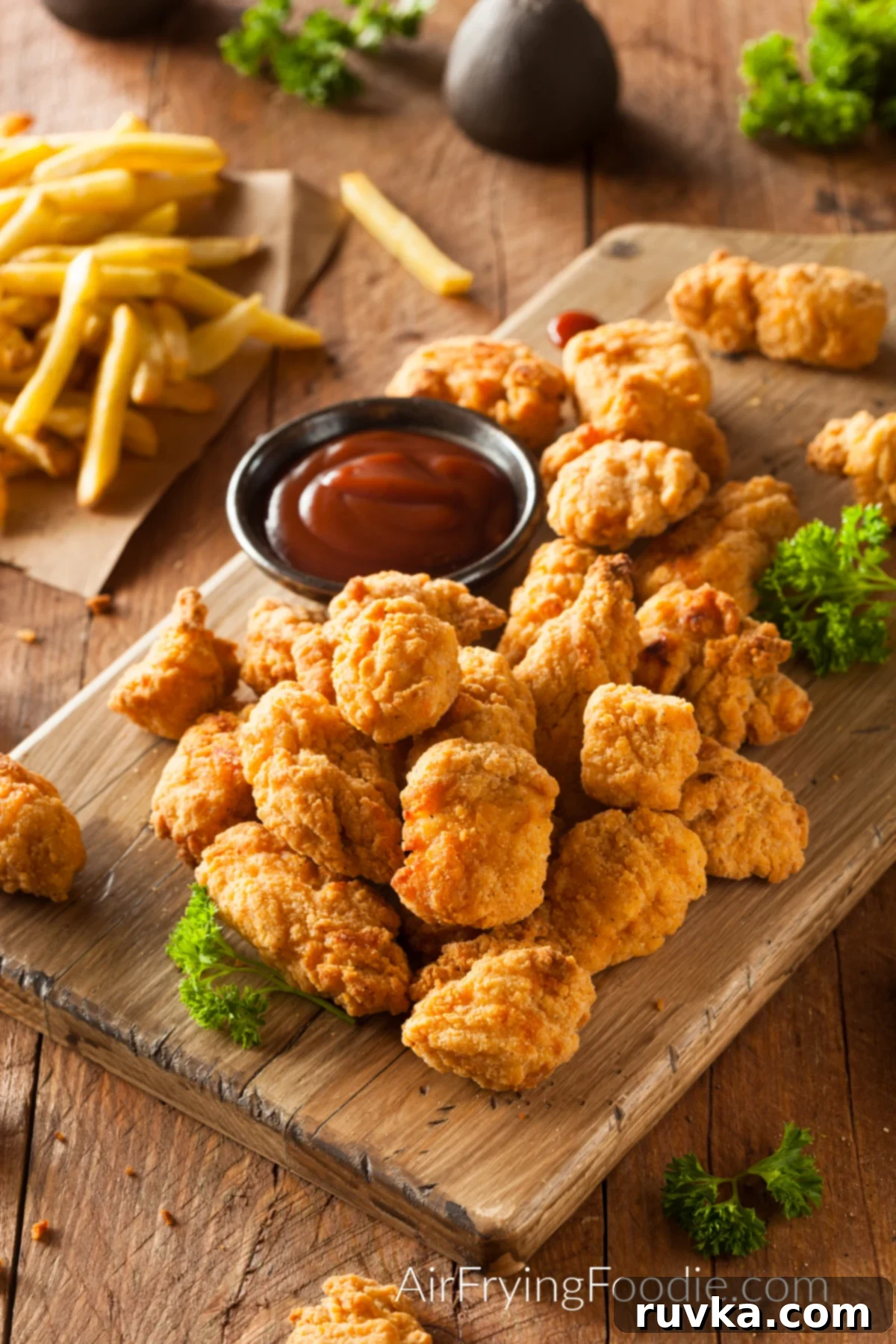 Delicious Air Fryer Chicken Recipes Made Easy 26 Air fryer popcorn chicken bites, golden brown and crispy, arranged on a board with various dipping sauces.