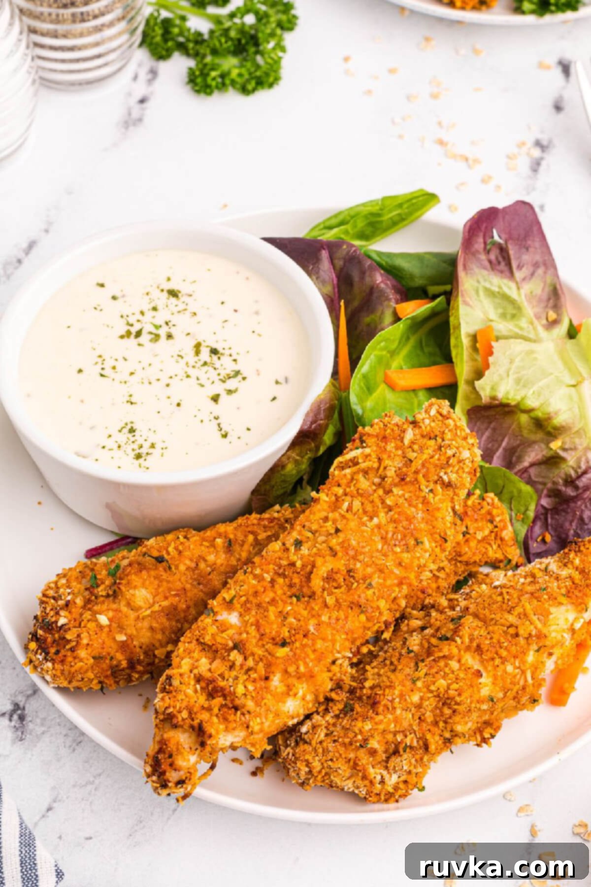 Delicious Air Fryer Chicken Recipes Made Easy 35 Air fryer oatmeal crusted chicken, golden brown and crunchy, served on a white plate with a side of vegetables.