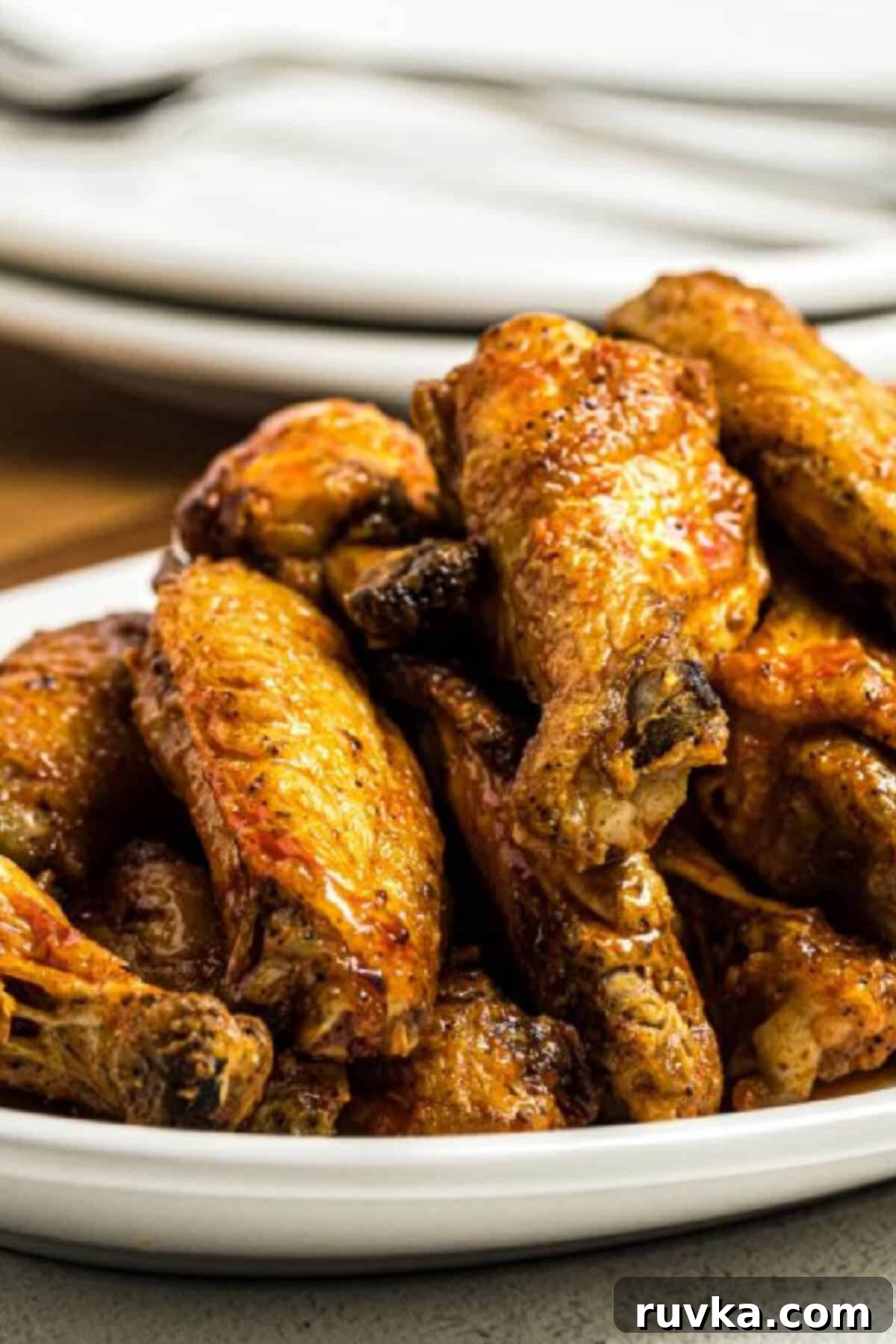 Delicious Air Fryer Chicken Recipes Made Easy 49 Air fried buffalo chicken wings, saucy and perfectly crispy, stacked on a white plate ready to be served.
