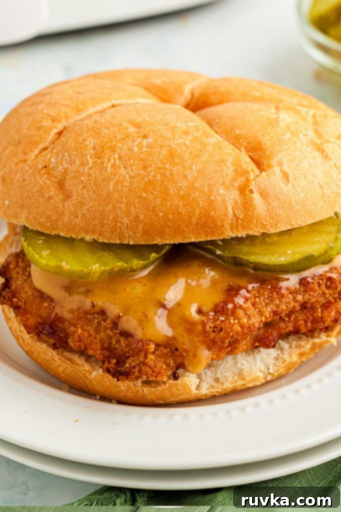 Delicious Air Fryer Chicken Recipes Made Easy 8 Air fried Aldi Red Bag Chicken patty served on a toasted bun with fresh lettuce.