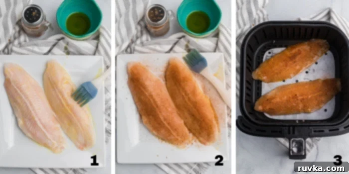 Air Fryer Swai Fish 5 Steps by step photos for cooking Swai fish in the Air Fryer. Swai being brushed with olive oil, Swai fish covered in blackened seasoning, and Swai fish in the Air Fryer basket.