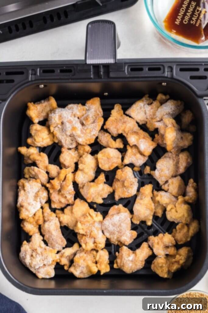 Trader Joes Orange Chicken in the Air Fryer 5 Frozen pieces of breaded chicken in the air fryer basket before being cooked.