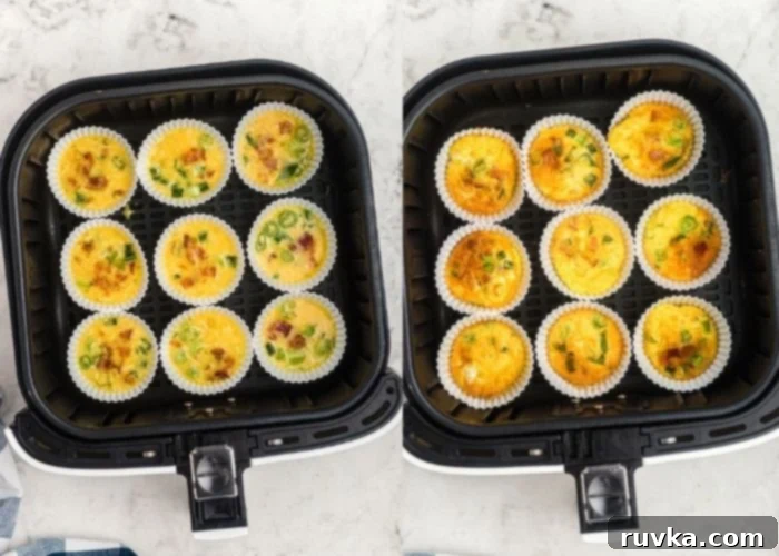 Easy Air Fryer Egg Bites 5 Egg mixture poured into white silicone baking cups. Before and after being cooked in the air fryer basket.