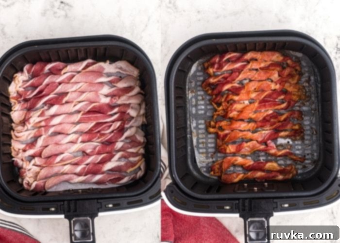 Air Fryer Twisted Bacon 5 Side by side photos showing the twisted bacon raw and after it was cooked in an air fryer basket.
