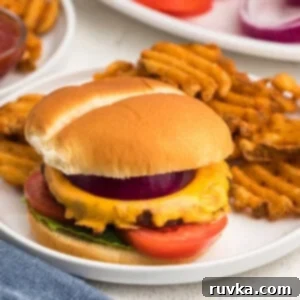 Perfectly Reheat Your Burger in the Air Fryer 5 reheated burger in a air fryer, topped with cheese and other toppings, served on a white plate with waffle fries.