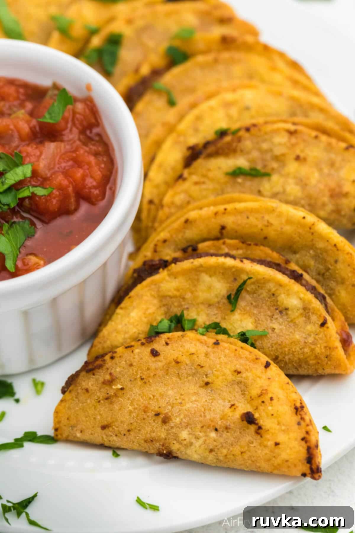 Air Fryer Crispy Taco Bites 2 Air fried mini tacos on a plate with a bowl of salsa. Ready to serve.