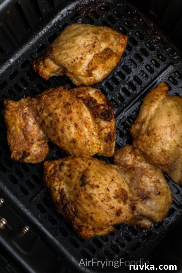 Air Fryer Chicken Thighs Perfection 3 Chicken thighs seasoned and placed in the air fryer basket in a single layer.