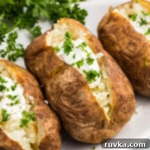 Revive Your Baked Potato in the Air Fryer 7 Air fryer Reheated baked potato on a plate with sour cream and fresh parsley.