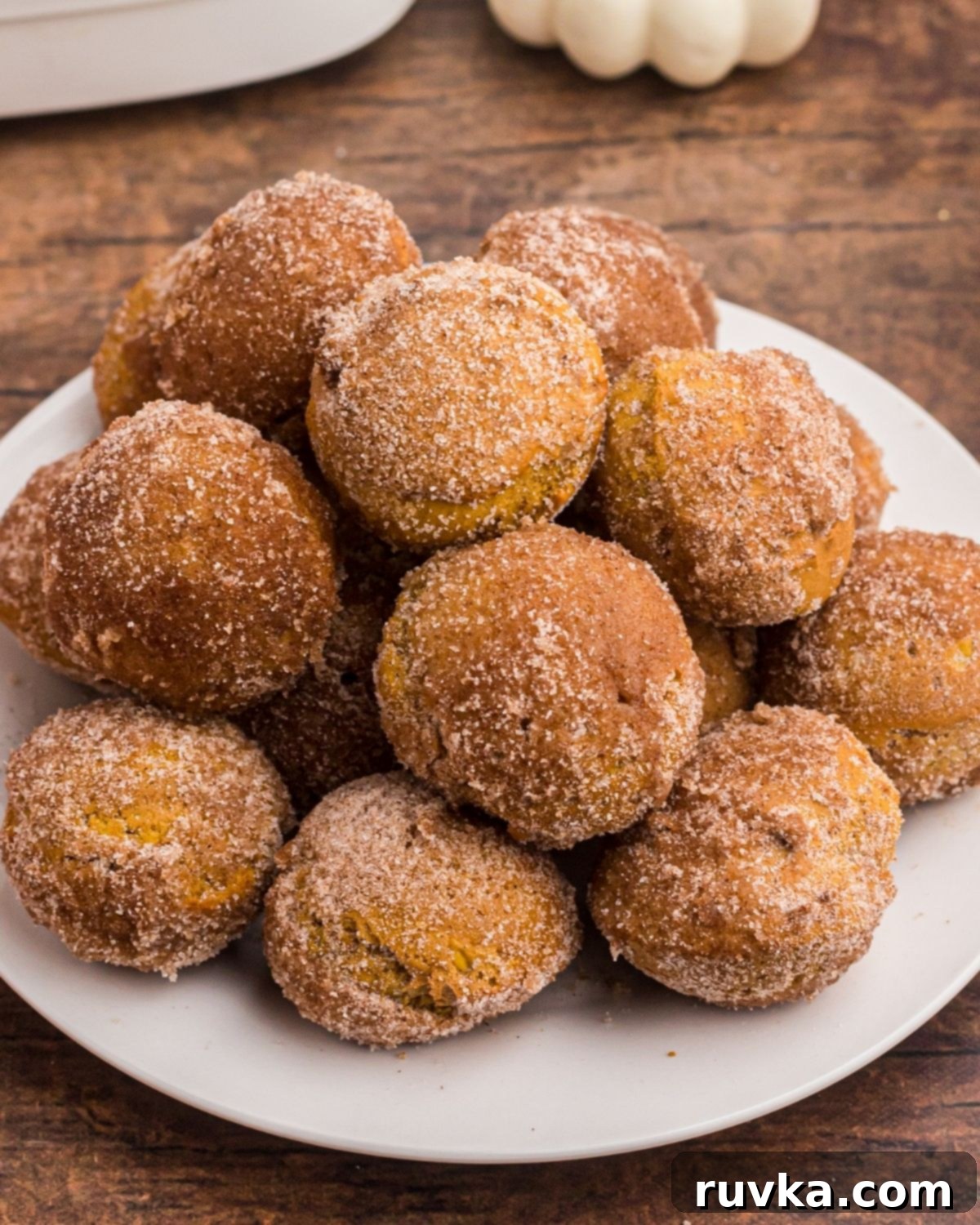 15 Cozy Autumn Air Fryer Desserts You'll Adore 2 Pumpkin spice donut holes on a white plate, ready to serve,