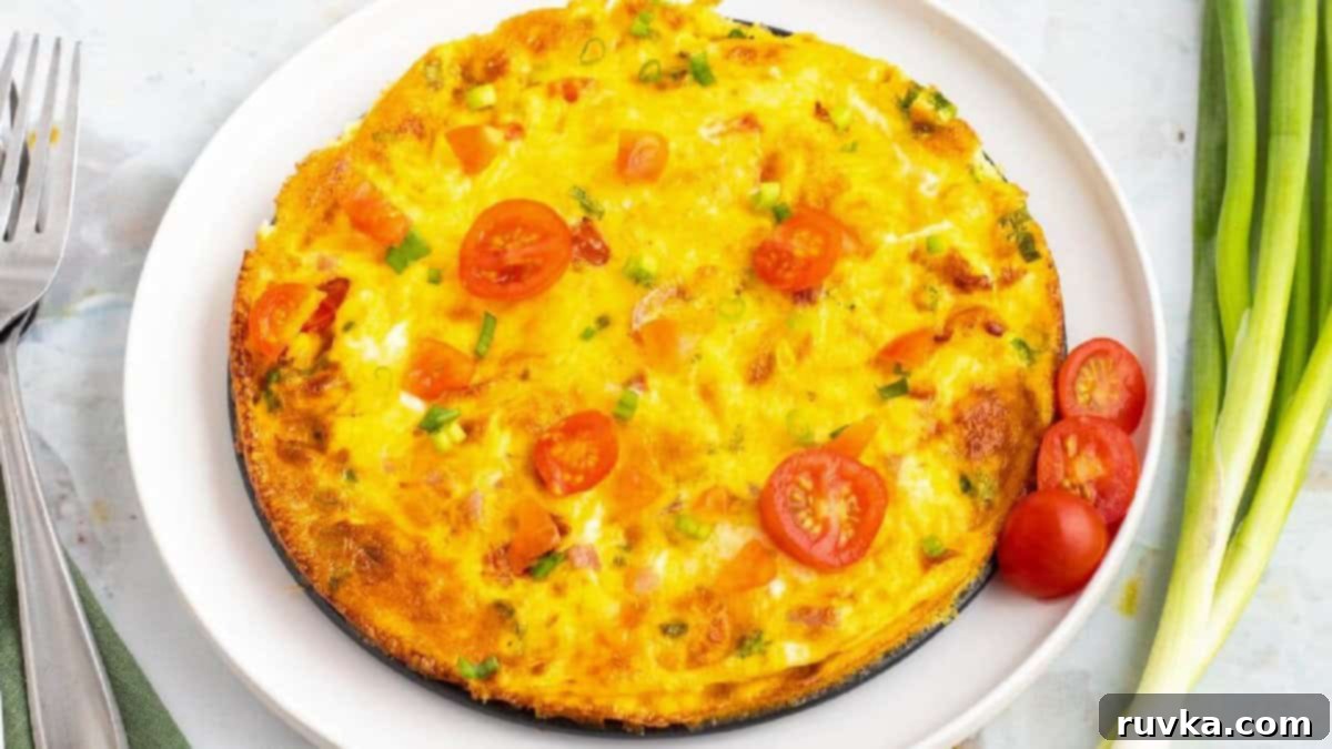 15 Effortless Breakfasts for a Perfect Start 6 A fluffy and golden air fryer omelette, loaded with fresh vegetables and melted cheese, beautifully folded and presented on a white plate, ready to be served for breakfast.