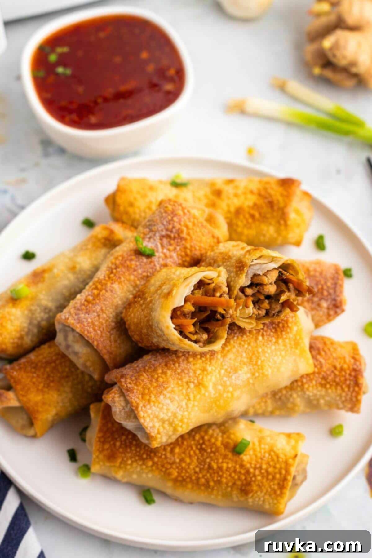 Crispy Air-Fried Egg Rolls 2 Golden brown pork and veggie stuffed egg rolls stacked on a white plate.