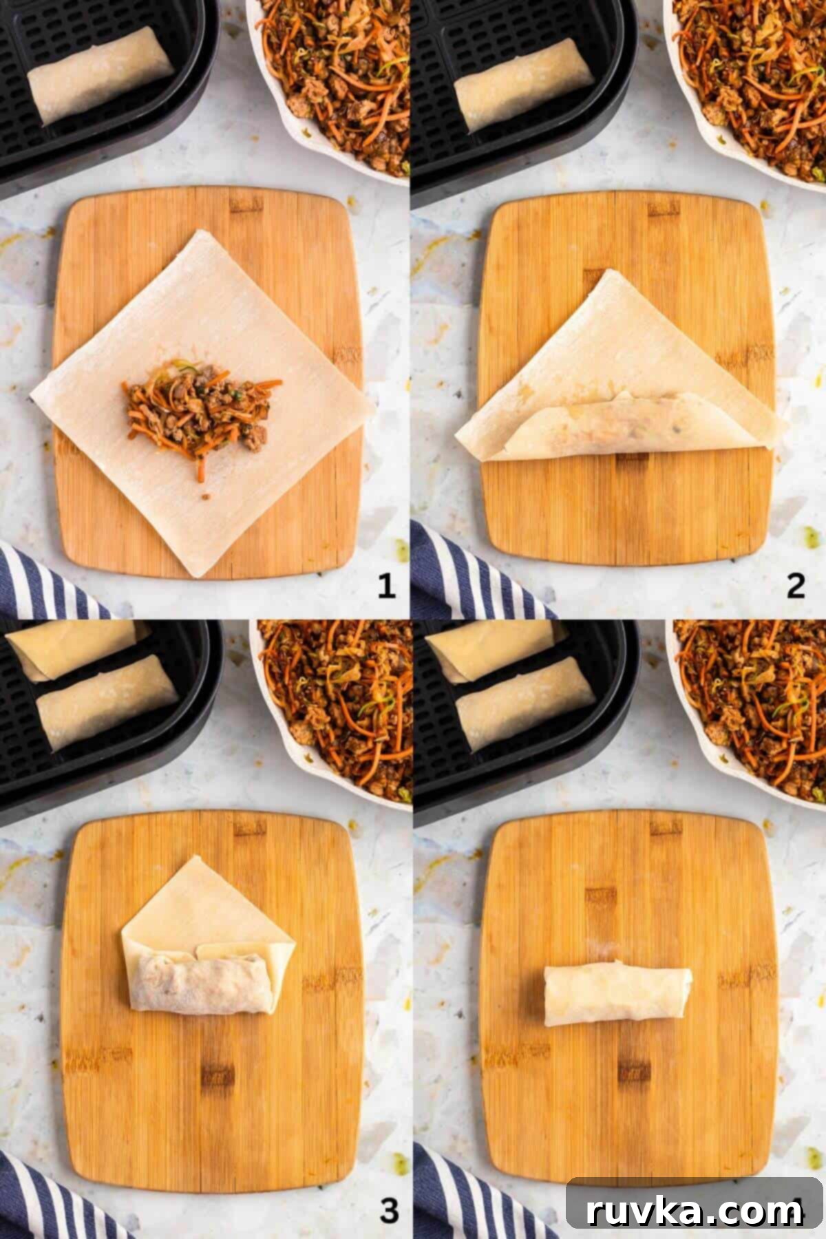 Crispy Air-Fried Egg Rolls 6 step by step photos showing how to fill and wrap egg rolls.