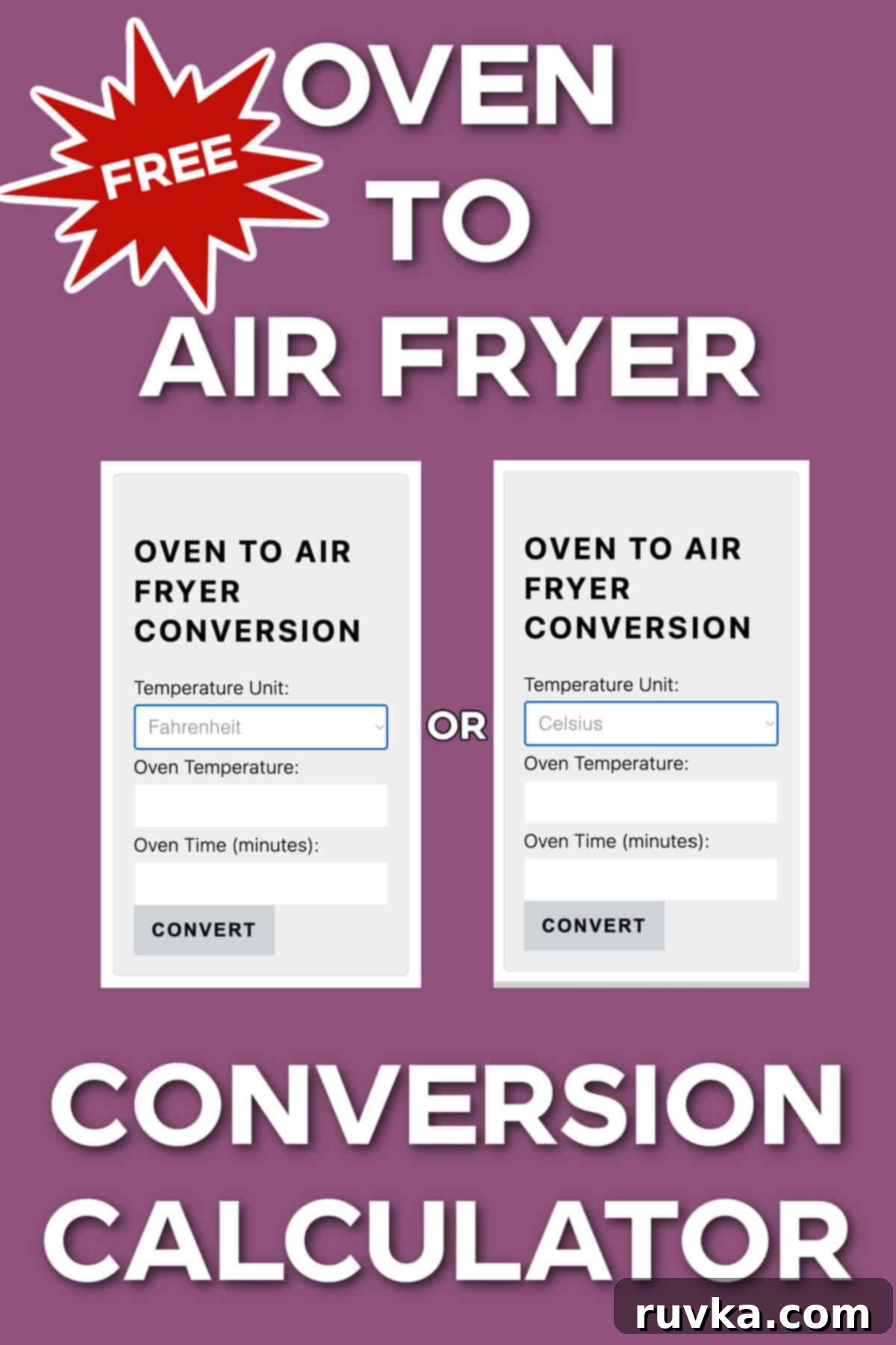 Air Fryer Conversion Calculator 2 Oven to air fryer conversion calculator picture showing the calculator in both Fahrenheit and Celsius on a purple background.