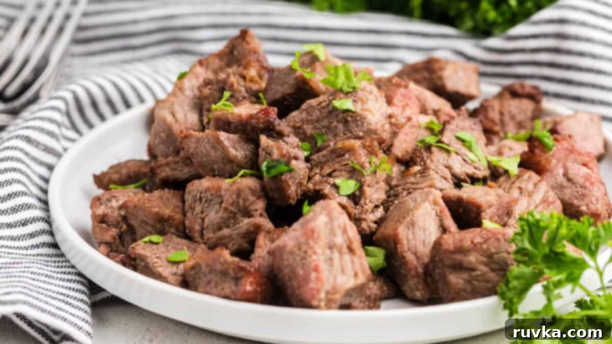15 Foolproof Air Fryer Recipes 11 Steak bites made in the air fryer and served on a white plate. Topped with fresh parsley.