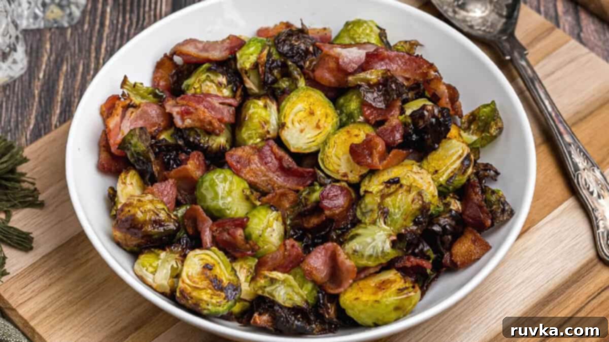 15 Foolproof Air Fryer Recipes 3 Bowl of air fryer brussels sprouts with bacon.
