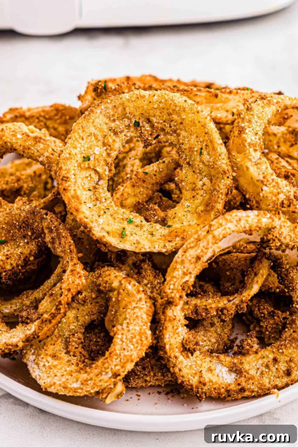 Bring Back the Crunch Air Frying Onion Rings 2 crispy air fryer onion rings on a white plate.