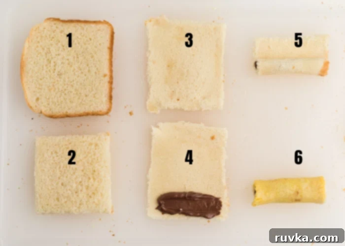 Nutella Stuffed Air Fryer French Toast Pinwheels 3 Numbered Steps to make Nutella stuffed french toast roll ups in the Air Fryer.