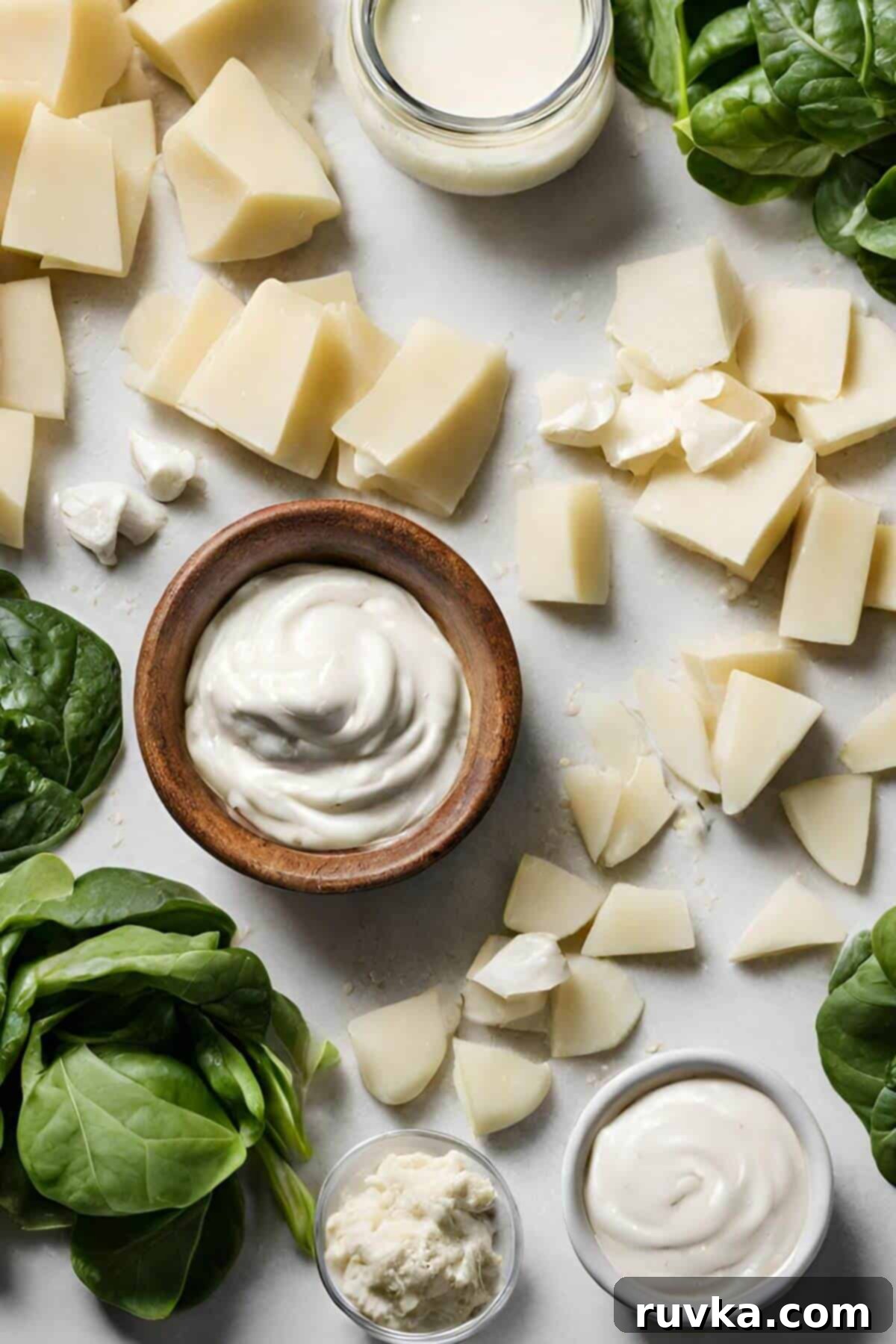 Easy Air Fryer Artichoke Spinach Dip 3 Ingredients on a table to make spinach artichoke dip in the air fryer.