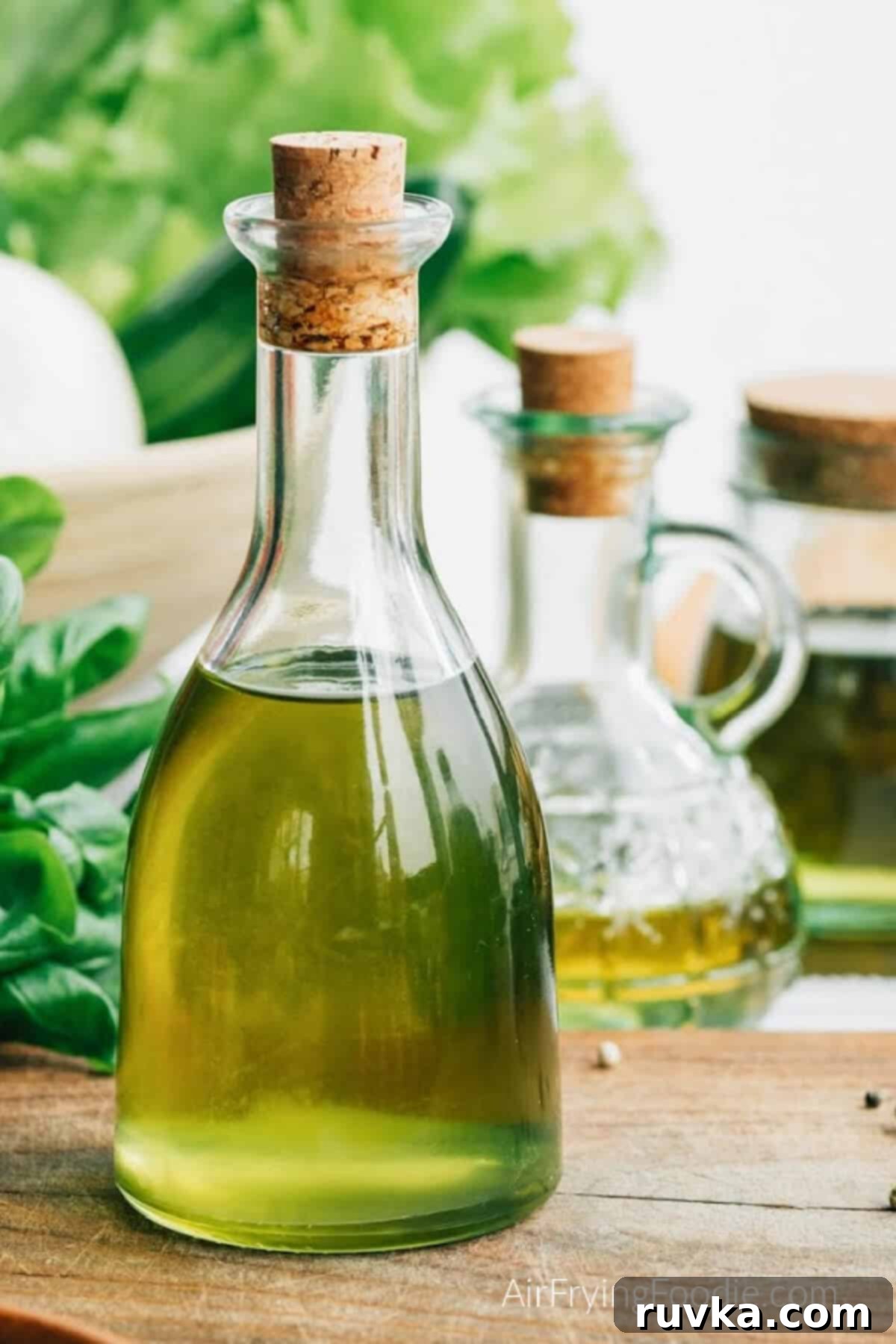 Air Frying Made Easy: Tips and Tricks for Perfect Results 3 Different sizes of bottles of oils on a wooden counter.
