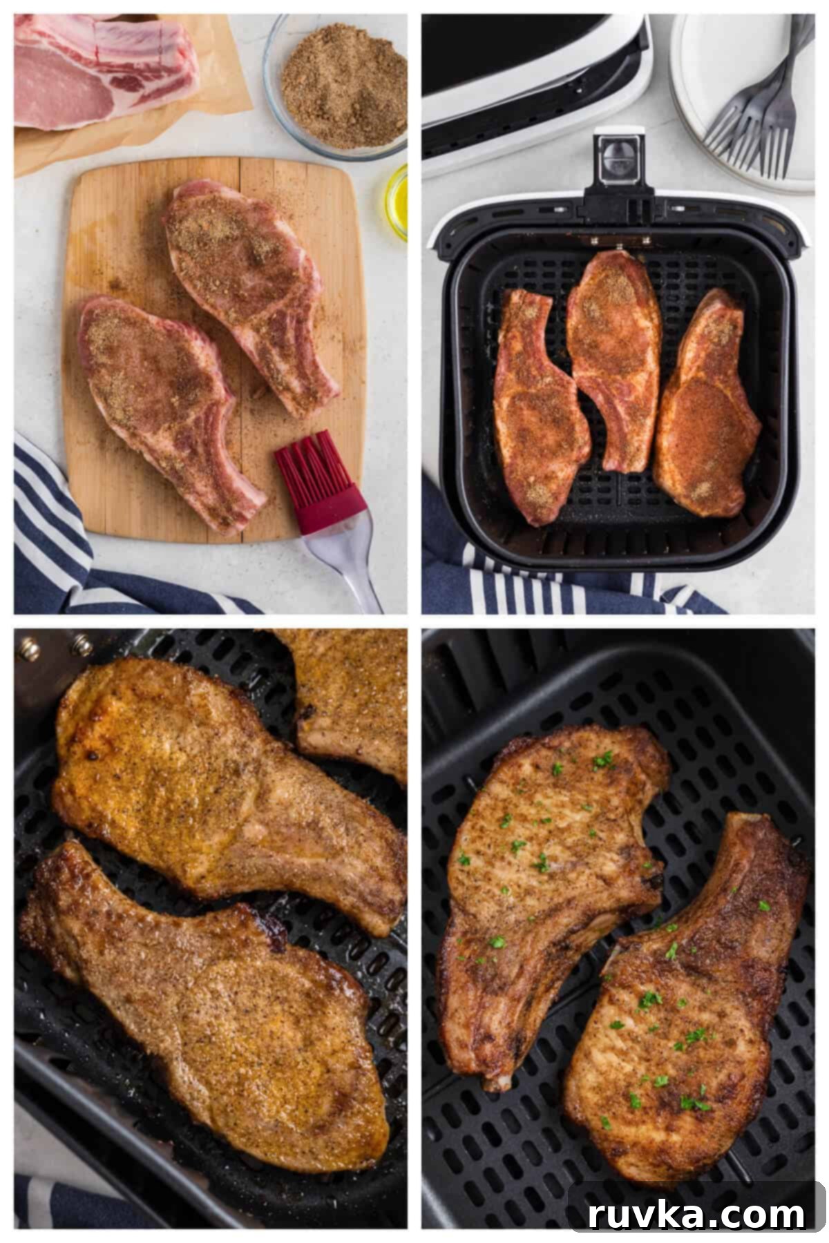 Delicious Air Fryer Pork Steaks 5 A collage of photos of pork steaks being seasoned, placed in to the air fryer basket to cook, cooked in the air fryer basket, and garnished with parsley in the air fryer basket.
