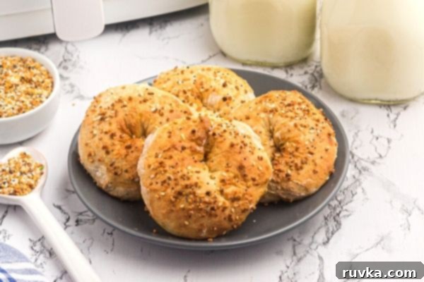 Easy Air Fryer Two-Ingredient Bagels 2 golden bagels served on a light gray plate with glasses of milk.