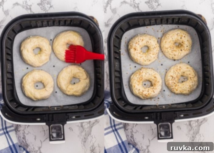 Easy Air Fryer Two-Ingredient Bagels 5 Uncooked bagels in the air fryer basked, side by side photos. Left side showing bagels being brushed with egg wash, and right side shows them seasoned with bagel seasoning.