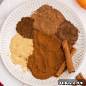 Autumn Spice Blend 6 Spices measured out on a white plate to make pumpkin pie spice.