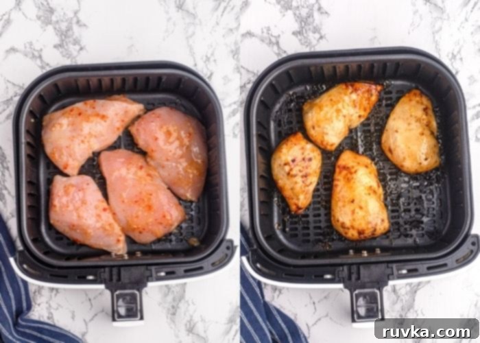 Golden Peach Air Fryer Chicken 6 Side by side photos of the chicken in the air fryer basket, before and after being cooked with the marinade and glaze applied.