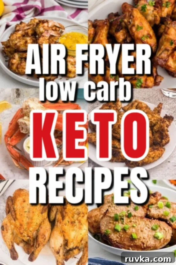 Keto Air Fryer Delights 2 A vibrant collage of low carb air fryer keto recipes, featuring crispy chicken, juicy shrimp, and perfectly roasted vegetables. This image highlights the variety and appeal of healthy, quick air fryer meals.