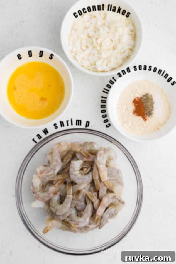 Crispy Air Fryer Keto Coconut Shrimp 4 Ingredients needed to make keto coconut shrimp
