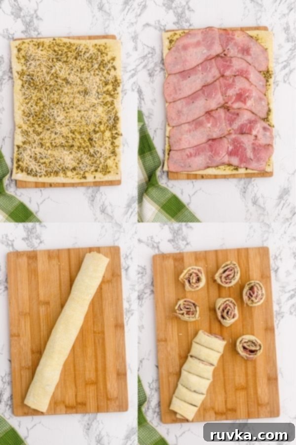 Crispy Air Fryer Pesto Pinwheels 4 Step by step process of making pesto pinwheels, showing basil pesto spread on puff pastry, followed by ham slices, and then topped with Parmesan cheese. The pastry is then rolled and cut into 12 even pieces.