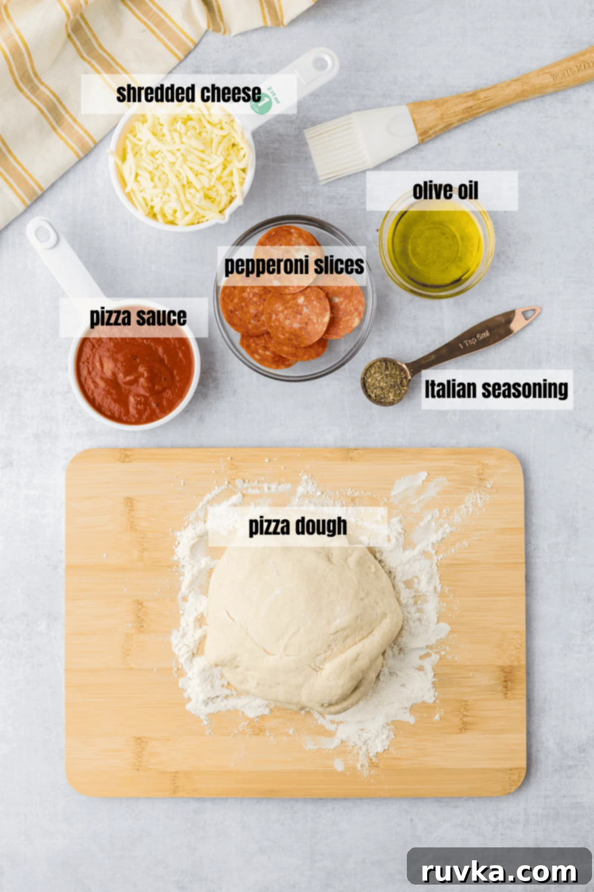 Air-Fried Calzone Pockets 3 Ingredients measured to make air fryer calzones.