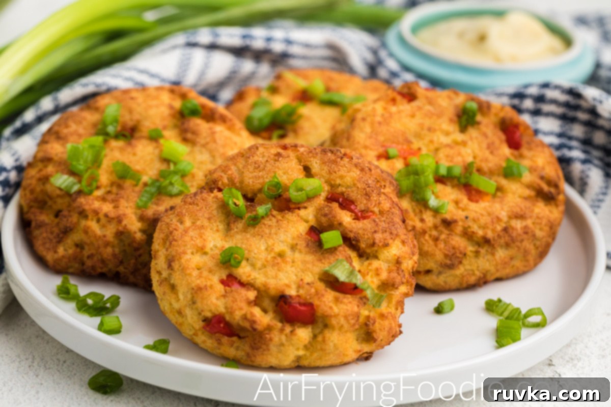 Crispy Air Fryer Crab Cakes 10 Air Fried Crab Cakes on a white plate garnished with green onion tops, ready for serving.