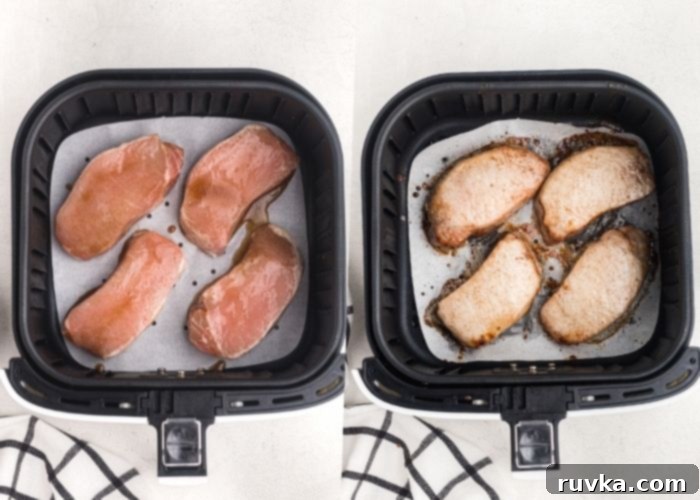 Juicy Air Fryer Maple Glazed Pork Chops 5 Side by side photos showing glazed pork chops before and after being cooked in the air fryer basket.