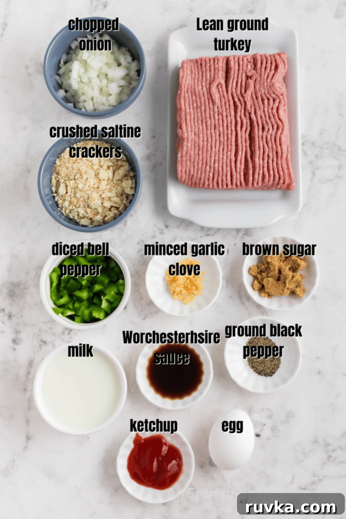 Ingredients measured out that are used to make turkey meatloaf in the air fryer.