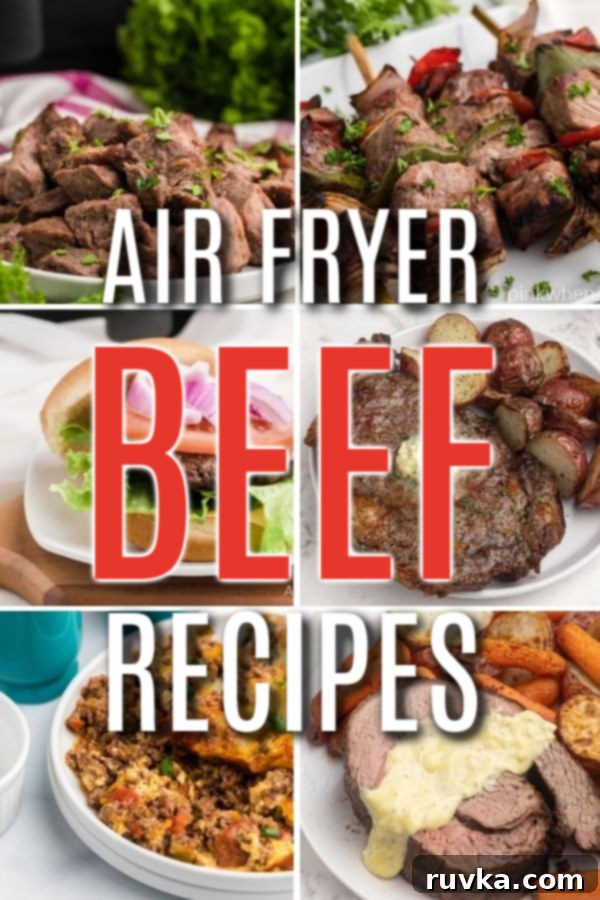 Easy Air Fryer Beef Recipes 2 Collage of photos of various air fryer beef recipes, including steak bites, ribeye, meatballs, and taco casserole.