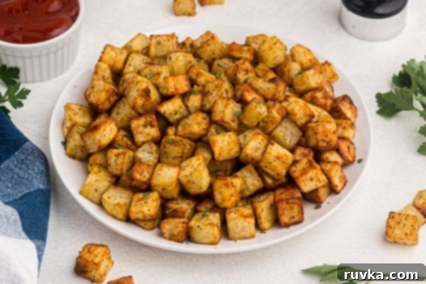 Crispy Air Fryer Breakfast Spuds 2 Golden cubed potatoes cooked and served on a white plate with parsley and ketchup.