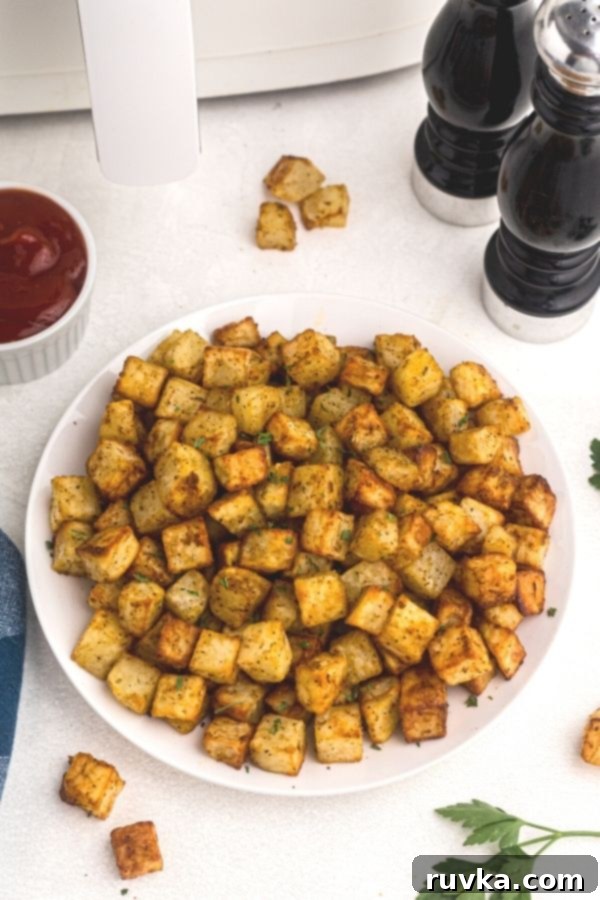 Crispy Air Fryer Breakfast Spuds 6 Golden bites of breakfast potato on a white plate.
